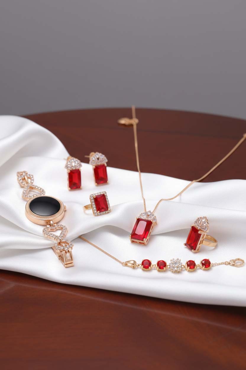 4-piece Set Luxury Pink Zircon Geometry Pendant Necklace Earrings Set Banquet Anniversary Gift Women's Jewelry Set Gift
